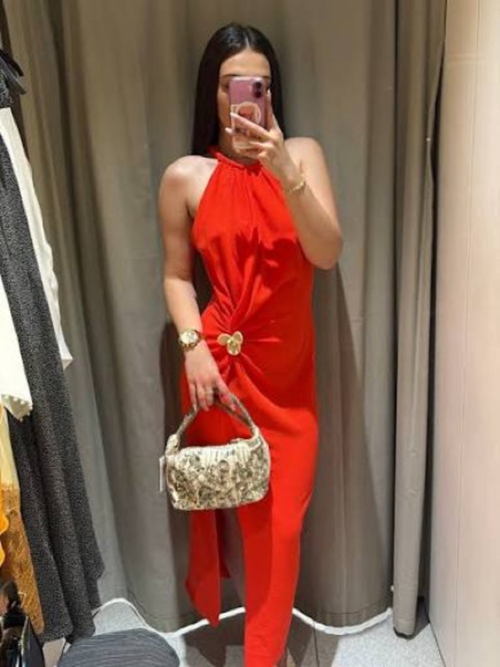 ZARA NWT ❗️Red Halter Midi Dress with Decorative Knot